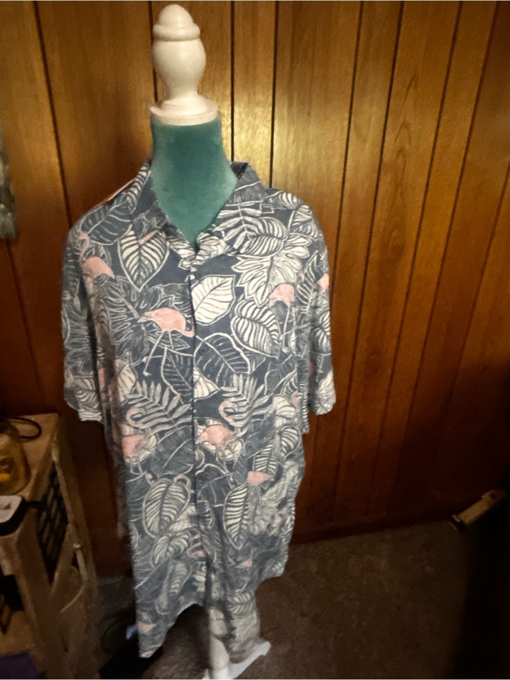 Ron Jon Blue Tropical Leaf & Pink Flamingo Button-Down Shirt